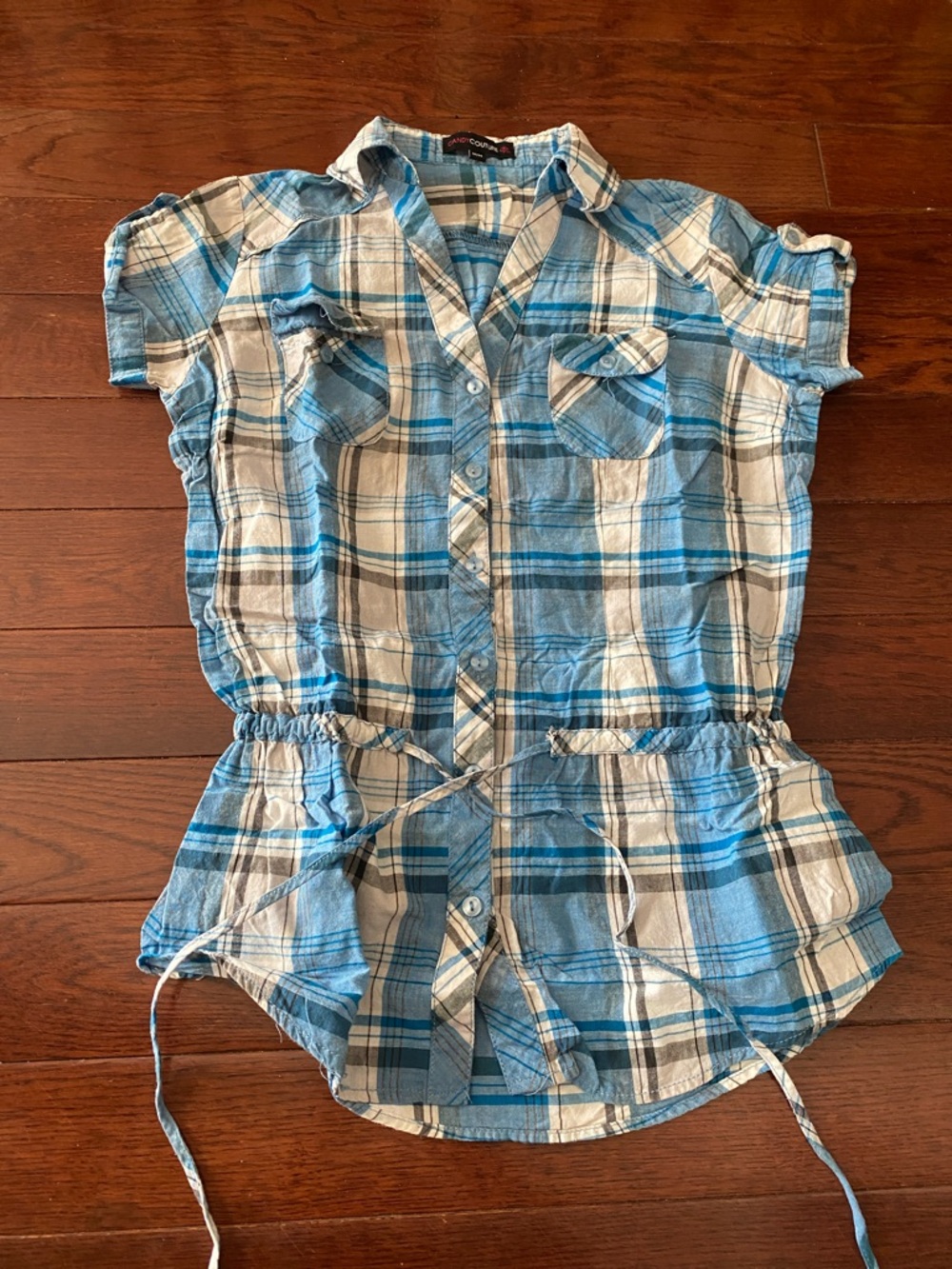 Casual Blue Plaid Short-Sleeve Button Front Shirt - Drawstring Waist
